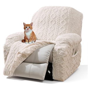vctops 4 Pieces Recliner Chair Covers, Geometric Jacquard Plush Recliner Slipcovers Soft Fuzzy Sofa Couch Cover Anti-Slip Furniture Protector with Elastic Bottom for Kids Cats Dogs (Cream,1 Seat)