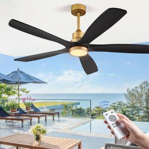 ABZ 5 Blade Ceiling Fans with Lights, 60 inch Outdoor Ceiling Fans with Light and Remote Control for Patio Farmhouse Propeller Black Gold Solid Wood Modern Ceiling Fan (Matte Black and Gold)