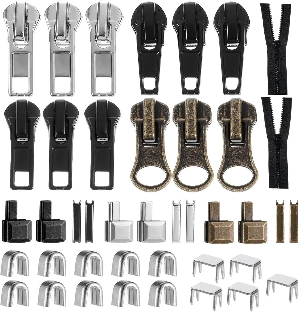 41 Pcs Zipper Repair Kit Black Separating Jacket Zippers Universal Replacement Slider Kit Metal Zippers Retainer Box Top Stop Bottom Replacement Zipper Fix Repair Tool for Jacket Coat Boot Backpack