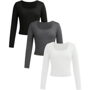 Girl's 3 Pack Long Sleeve T Shirt Square Neck Slim Fit Basic Tee Tops Soft Fall Tops (Black Grey White)