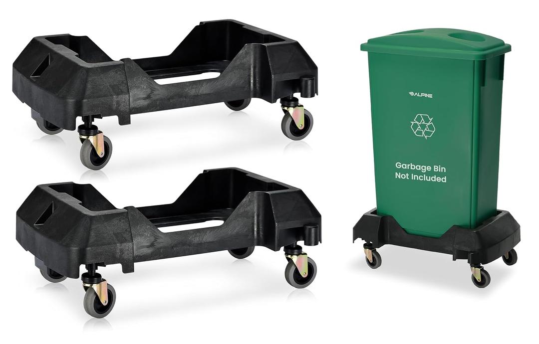 Alpine 16/23 Gallon Slim Trash Can Dolly 2 Pack - 4 Wheels Rectangular Plastic Rolling Garbage Dolly, Wheels, Roller Base, Commercial Cart, Holds Up to 200lbs, Black