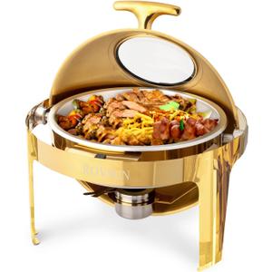 ROVSUN 6 QT Round Chafing Dish Buffet Set, Roll Top NSF Stainless Steel Buffet Warmer Chafers and Buffet Warmers Sets with Thick Frame for Catering Events Parties Weddings Dinners,Gold
