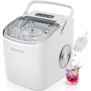 EUHOMY Countertop Ice Maker Machine with Handle, 26lbs Per Day, 9 Ice Cubes Ready in 6 Mins, Auto-Cleaning Portable Ice Maker with Basket and Scoop, for Home/Kitchen/Camping/RV (White)