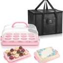 14.7 x 10.9 x 5.9 Inch Rectangle Cake Carrier with Lid and Handle Includes Cupcake Pie Holders Large Waterproof Portable Insulated Bag Pink Cake Carrier with Insert for Secure Dessert Delivery