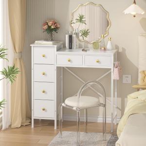 Vanity Desk No Mirror, Small White Vanity Desk, Makeup Girls Vanity Table with 6 Storage Drawers, Dressing Table for Small Spaces, Compact Vanity with Iron Hook for Bedroom, 33.07"L x 12.6"W x 33.07"H