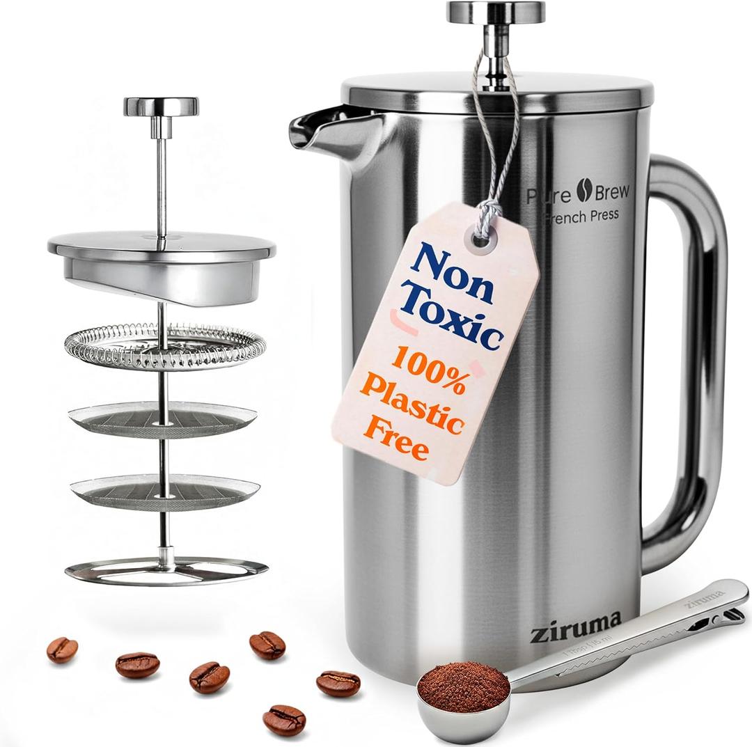 Ziruma Non-Toxic French Press, Surgical Stainless Steel Coffee Press, Plastic-Free, Heavy Metal-Free, No Endocrine Disruptors, 34 Oz, Double Wall, 4-Layer Filter, Portable Coffee Maker