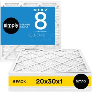 Simply 20x30x1 Air Filter, Merv 8, 6 Pack, For Home AC Furnace & HVAC (Actual Size: 19.94"x29.94"x0.75") DUST, Pet & Allergy Control,