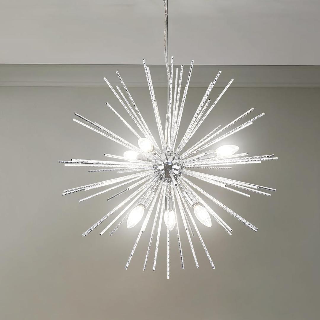 Modern Chrome Sputnik Chandeliers,6-Light Starburst Firework Ceiling Lights Dining Room Chandelier Light Fixture for Living Room, Bedroom, Kitchen, Entryway, Foyer,Dia 25",E12 Sockets (6 Lights)