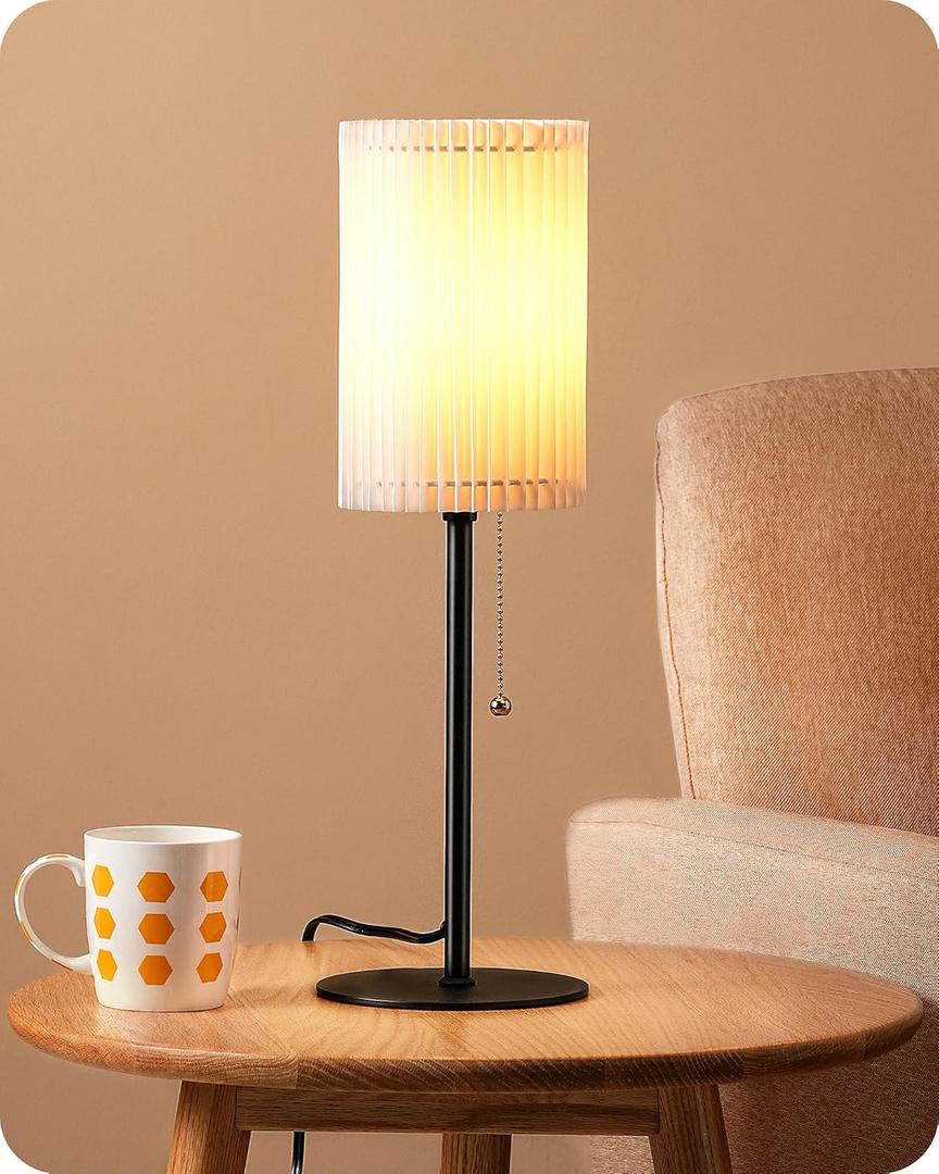 EDISHINE 19.09" Modern Table Lamp, Cylindric White Paper Origami Lampshade, Boho Bedside Lamp with Pull Chain Switch & Metal Base, E26 Socket, Nightstand Lamp for Bedroom Living Room Kids Room