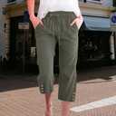 Womens Summer Capris Pants Causal Drawstring Elastic Waist Pants Lightweight Trousers Buttons Trim with Pockets