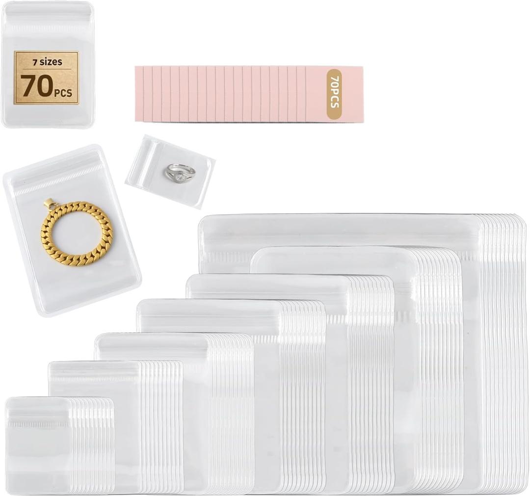 70-Piece Jewelry Storage Bags, Resealable PVC Clear Jewelry Bags, & 70pcs Cleaning Cloth Pink Polishing for Rings, Earrings, Bracelets, and Small Jewelry Packaging
