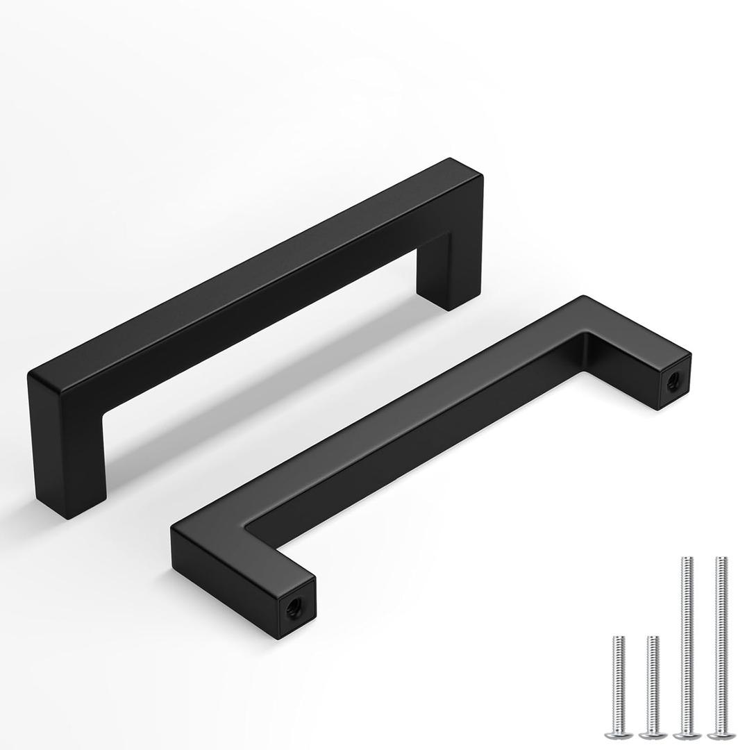 homdiy 5 Pack Black Cabinet Handles 4-1/2 Inch(115 mm) Hole Centers Matte Black Cabinet Pulls Stainless Steel Drawer Dresser Handles Square Bar Hardware Drawer Pulls Stainless Steel Dresser Hardware