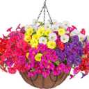 Artificial Fake Hanging Flowers Plants Baskets for Outdoor Spring Summer Decoration, Faux Silk Morning Glory in Planter UV Resistant Realistic for Home Outside Porch Patio Balcony Garden Yard (12 Bundles)