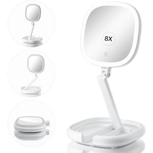 6.3" Makeup Mirror, 1X/8X Magnification, 3 Light Modes, Plug-in or Battery Operated Double-Sided Lighted Vanity Mirror, Adjustable Height Stand for Home, Women