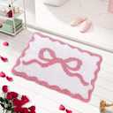 Pink Scalloped Bow Non-Slip Bath Mat - Absorbent Microfiber Shower Rug, Preppy Cute Funny Bathroom Decor, Machine Washable Bathtub Rug (Pink, 20" X 32")