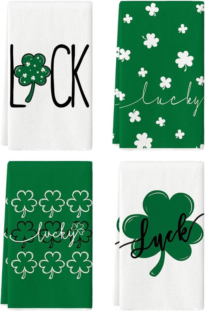 Artoid Mode Green Clover Shamrock Lucky St. Patrick's Day Kitchen Towels Dish Towels, 18x26 Inch Seasonal Decoration Hand Towels Set of 4