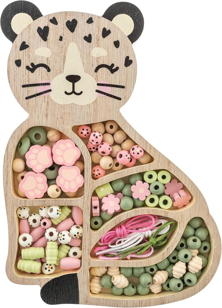 Stephen Joseph, Jewelry Making Kit for Girls Ages 3–8, Wooden Beads, DIY Bracelet Necklace Kit, Friendship Bracelet Gift, Arts & Crafts, 125 Beads, Toddler Gift with Reusable Storage Tray, Leopard