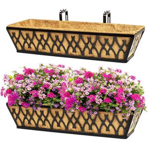 2 Pack 24 Inch Window Boxes Planters Railing Planter Box with Adjustable Brackets for Porch Fence Patio Balcony Hanging Flower Baskets with Coco Liners for Outdoor Garden Dcor - Black