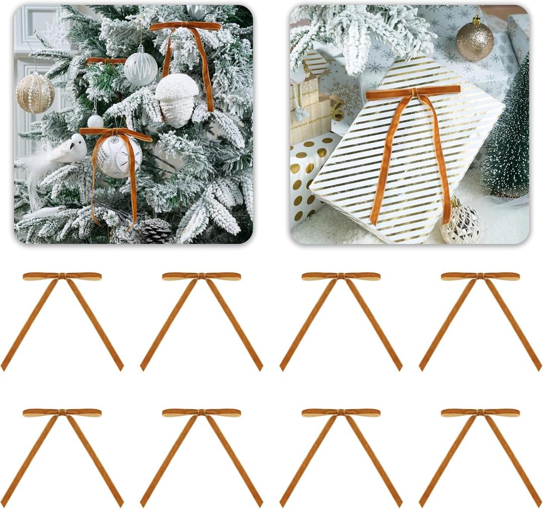 Khaki Velvet Ribbon Christmas Bow 5 x 7 Inches Premade Bows for Christmas Tree Hanging Decorations Gift Wrapping Wreaths Crafts Outdoor Indoor Home Decor Wedding, Pack of 24