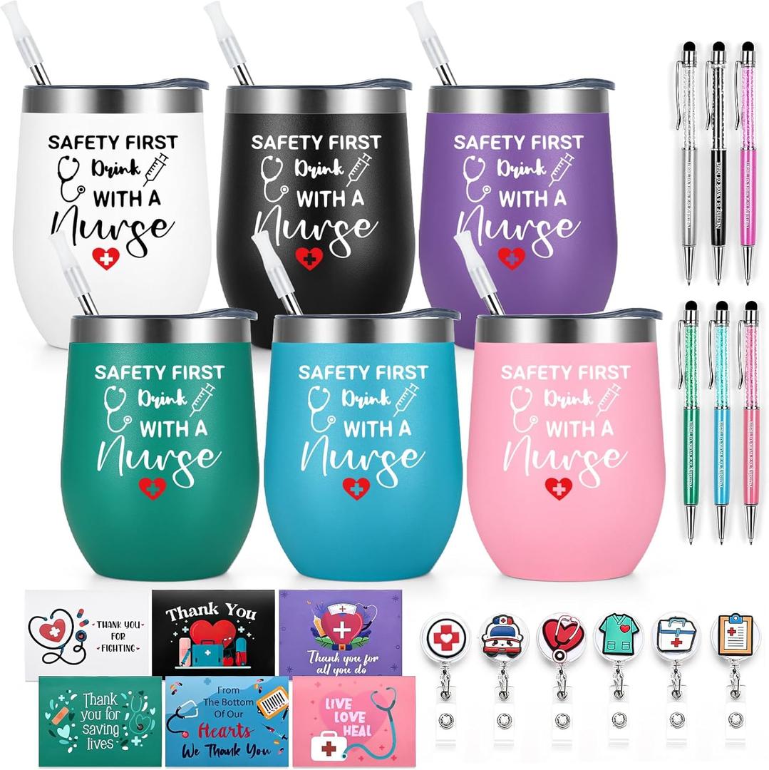 Lifecapido 24 Pcs Nurses Week Gifts Bulk 2025 for Women Men, Nurse Graduation Gift Nurse Practitioner Gift, Appreciation Gifts 6 Nurse Stainless Steel Wine Tumbler