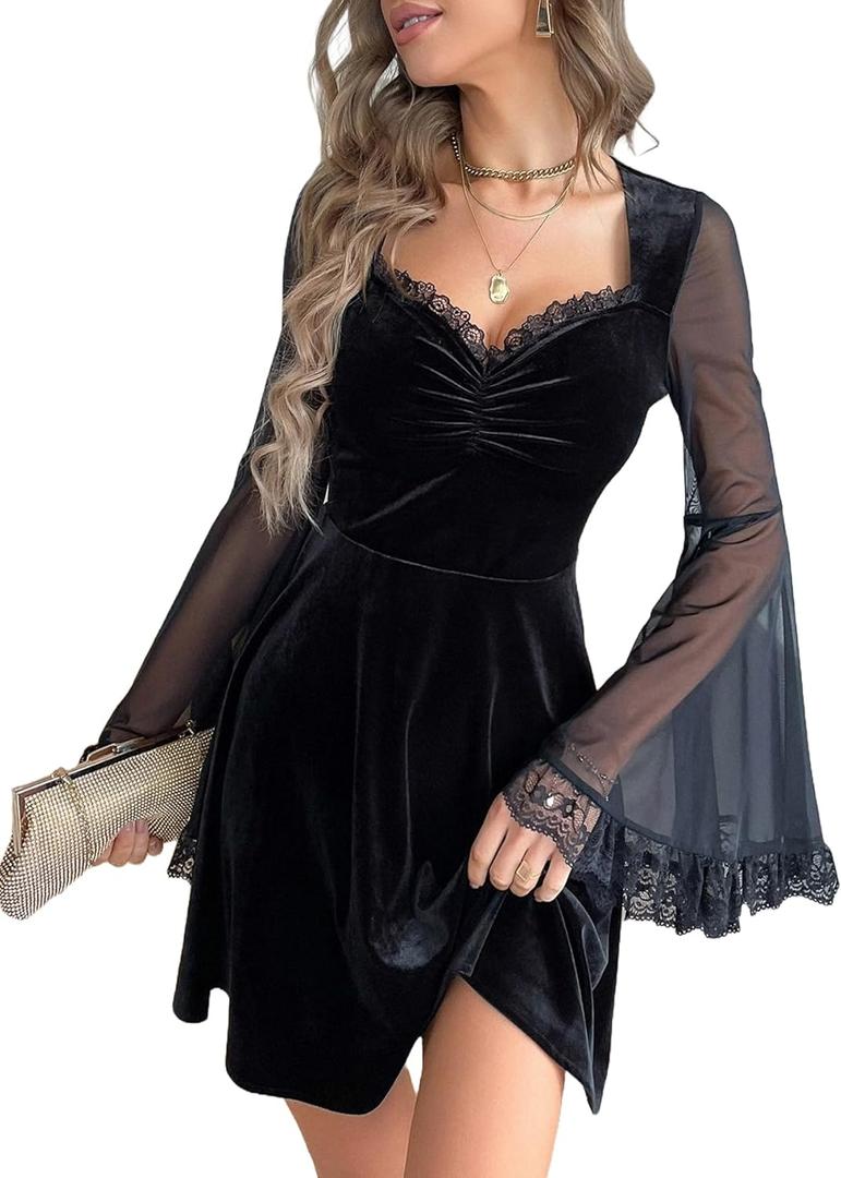 GothDark Gothic Dress Black Velvet Sweetheart Neckline Lace Trim High Waist Romantic Vintage Halloween Mini Dresses (Small)