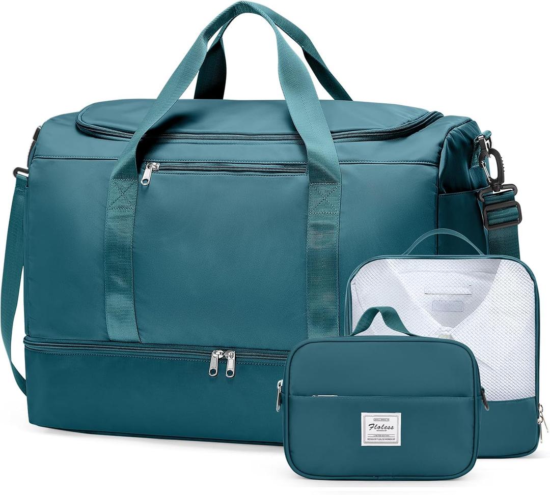Extra Large Travel Duffle Bag,Carry on Overnight Weekend Bag with Shoes Compartment,Weekender Bags for Women for Travel Business Trips Sport Hospital,3 Pcs Set,Peacock Blue