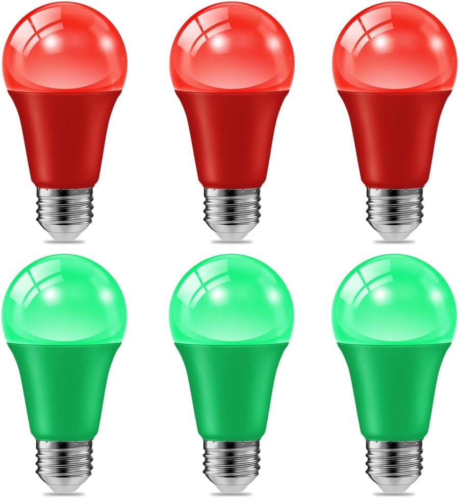 haraqi 6 Pack 9W (60W Equivalent) 120V E26 Base A19 LED Colored Light Bulb, Red Green LED Lights for Party Christmas Decor and Halloween Lighting