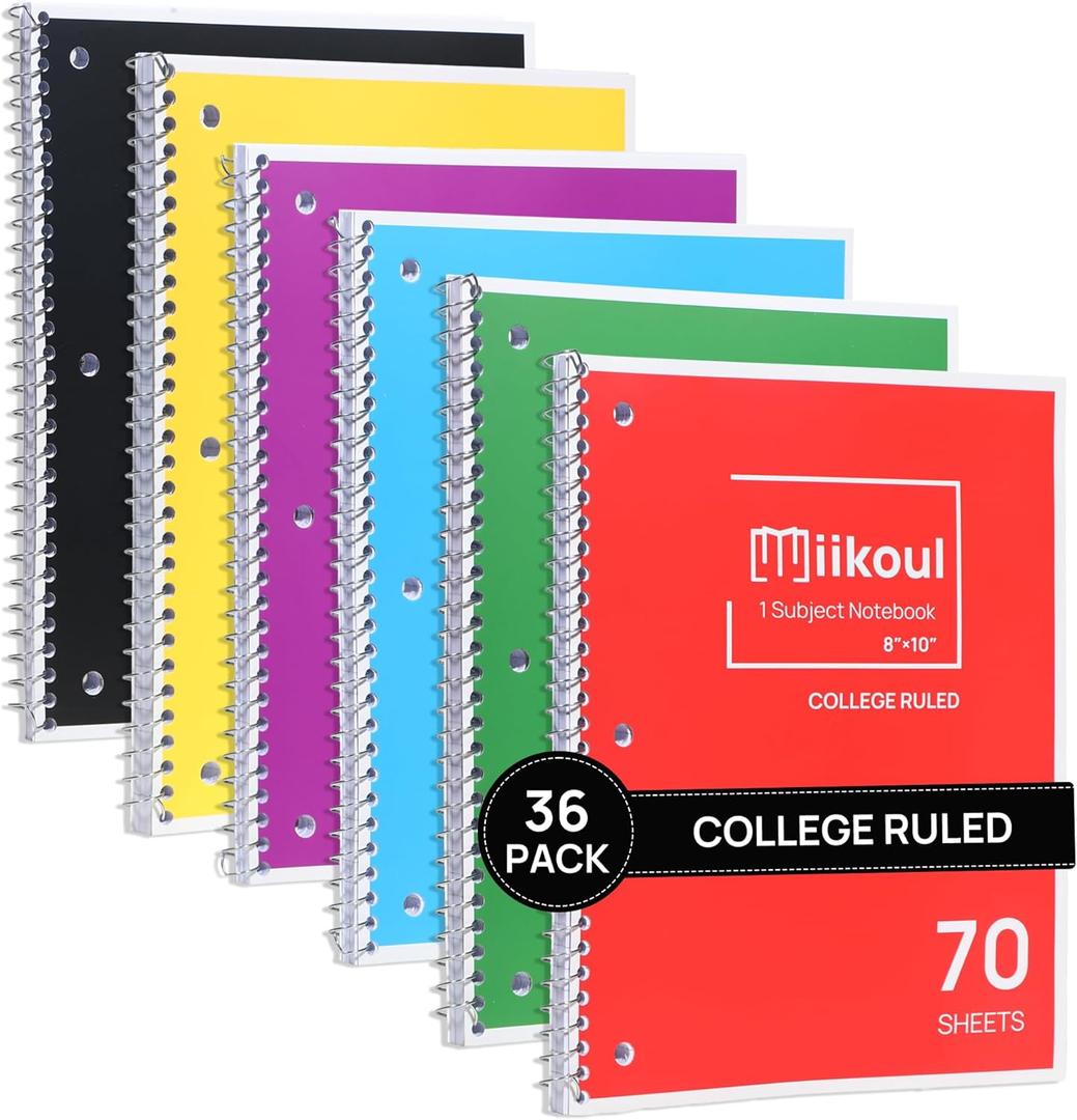 miikoul 1-Subject Notebook Bulk,36 Pack Spiral Notebook, College Ruled,8 x 10 Inch, 70 Sheets,3-Hole Punched Paper, Subject Notebooks for School & Office, Assorted Colors