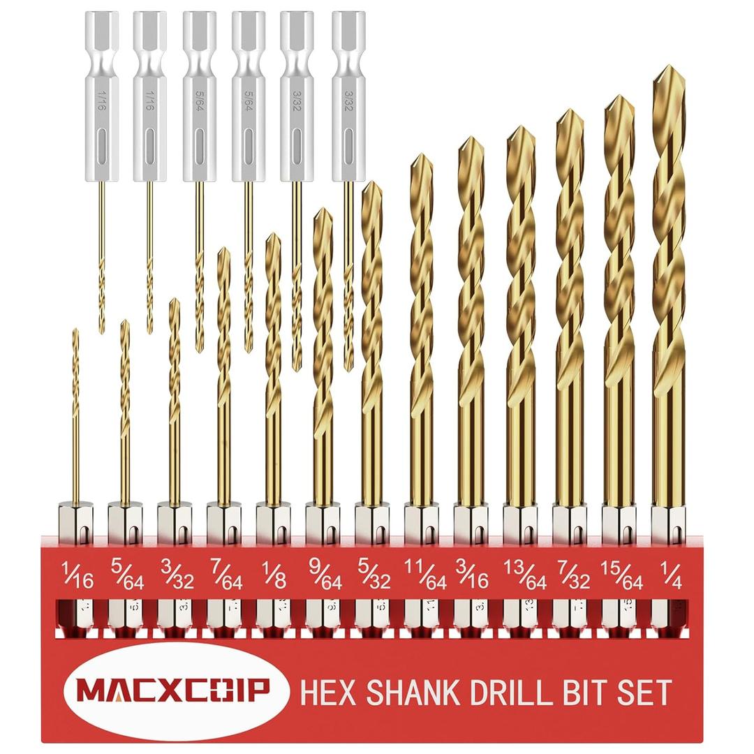 Drill Bit Set, 19Pcs Hex Shank Titanium Twist Drill Bit for Sheet Metal, Wood, Plastic, Quick Change Design (1/16" - 1/4")