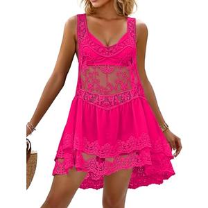 Eomenie Women's Swimsuit Lace Cover Up Loose Sheer Sleeveless Swim Cover Sexy Backless Bathing Suit Coverup Beach Dress Pink, Size: M
