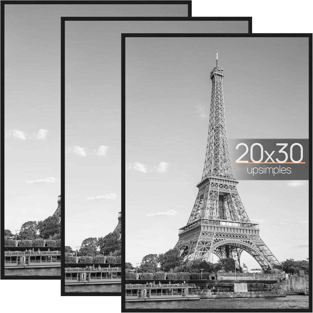 upsimples 20x30 Picture Frame Black 3 Pack, Scratch-Proof Poster Frames 20 x 30 for Photo Gallery - Slide-in Strips, Horizontal or Vertical Wall Mounting