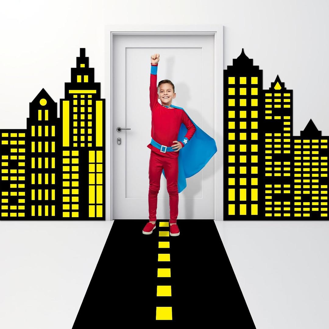 Comic Hero Party Door Cover Banners Super Theme Hero Birthday Party Road Decoration Cityscape-Themed Door Hanging Backdrop Comic Theme Photo Props Background for Kids Birthday Parties Supplies