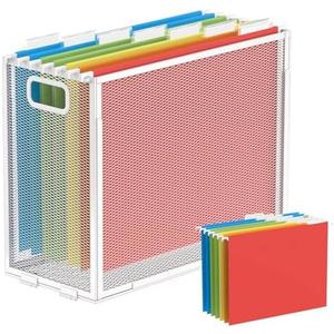 Hueilm Hanging File Organizer - Mesh File Box With Folders, Letter-Size Storage Crate for Filing Cabinet (White, 1 Pack With 7 Hanging Folders)