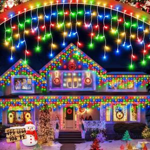 106 FT Christmas Lights Outdoor, 972 LED Waterproof Outside Christmas Lights Plug in, Connectable 8 Modes Hanging Fairy Lights with 216 Drops for House Eaves Yard Patio Decoration, Multicolor