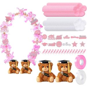 82 Pcs 2025 Graduation Candy Leis Making Kit DIY Netting Tubing Stuffed Plush Bear Ribbon Grad Glitter Card Candy Lei for Graduation Congrats Party Supplies(Light Pink, White)