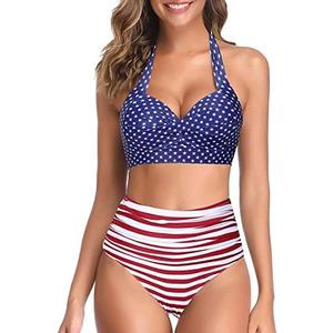 Tempt Me Women Two Piece Vintage Swimsuit Retro Halter Ruched High Waist Bikini with Bottom, Medium