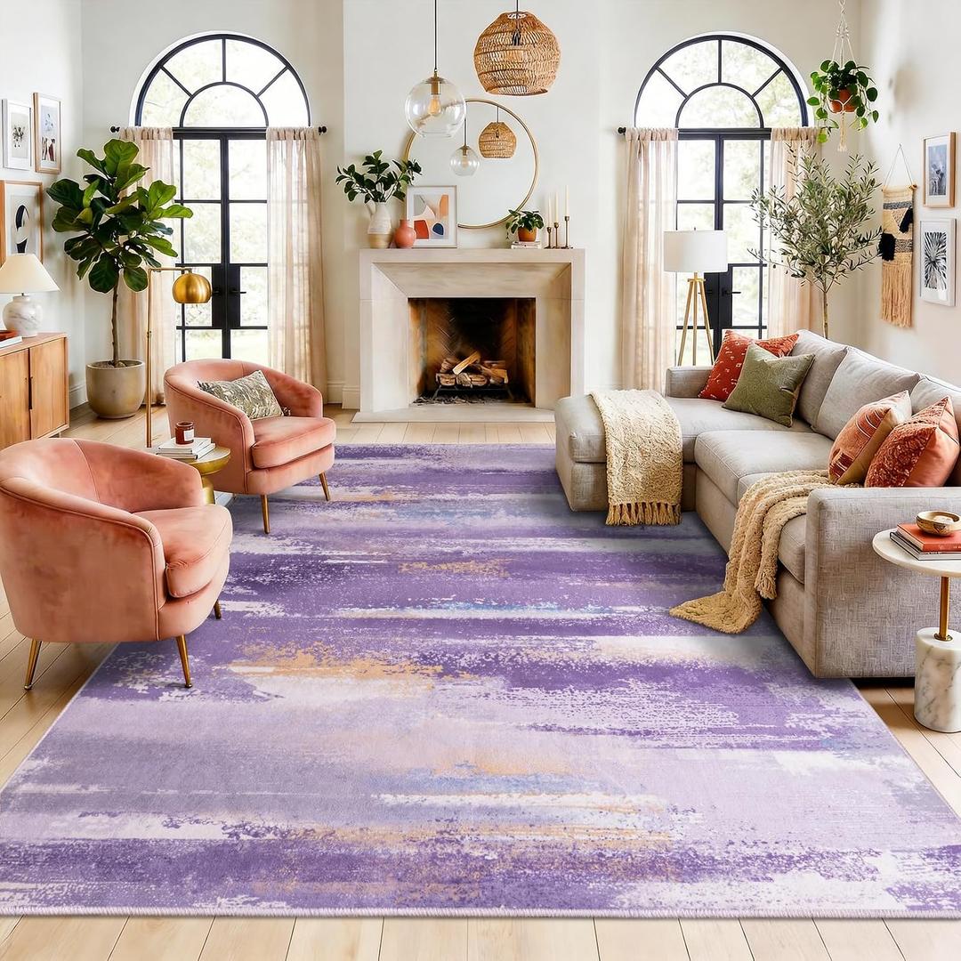 Washable Rugs 8x10 Area Rugs for Living Room: Modern Print Abstract Rug, Non-Slip Rubber Backing for Bedroom Dining Room, Large Carpets for Dorm Kids Girls Room Home Decor Aesthetic, Purple