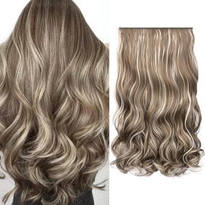 REECHO Clip in hair extensions, 20" Curly Wavy Synthetic HE008 Hairpieces for Women - Ash Brown with Platium Highlights