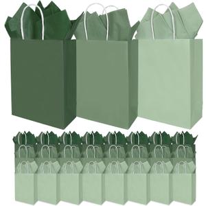 36 Pack Sage Green Gift Bags Spring 3 Colors Paper Bag with Handles and Tissue One Lucky Duck Colorful Wrapping Bags for Mallard Duck Baby Shower Birthday Party Supplies, 6.3 x 3.1 x 8.7 In, 1 Count