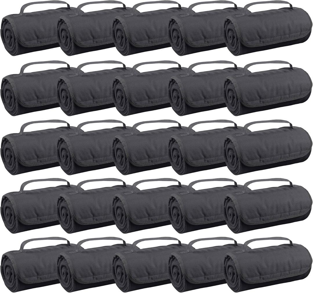 25 Ct of Roll-Up Blankets for Camping, Travel, Outdoors, Beach, Picnics Charcoal Hook + Loop Closure for Easy Use in Cars & on Airplanes Customizable for Promotions & Events
