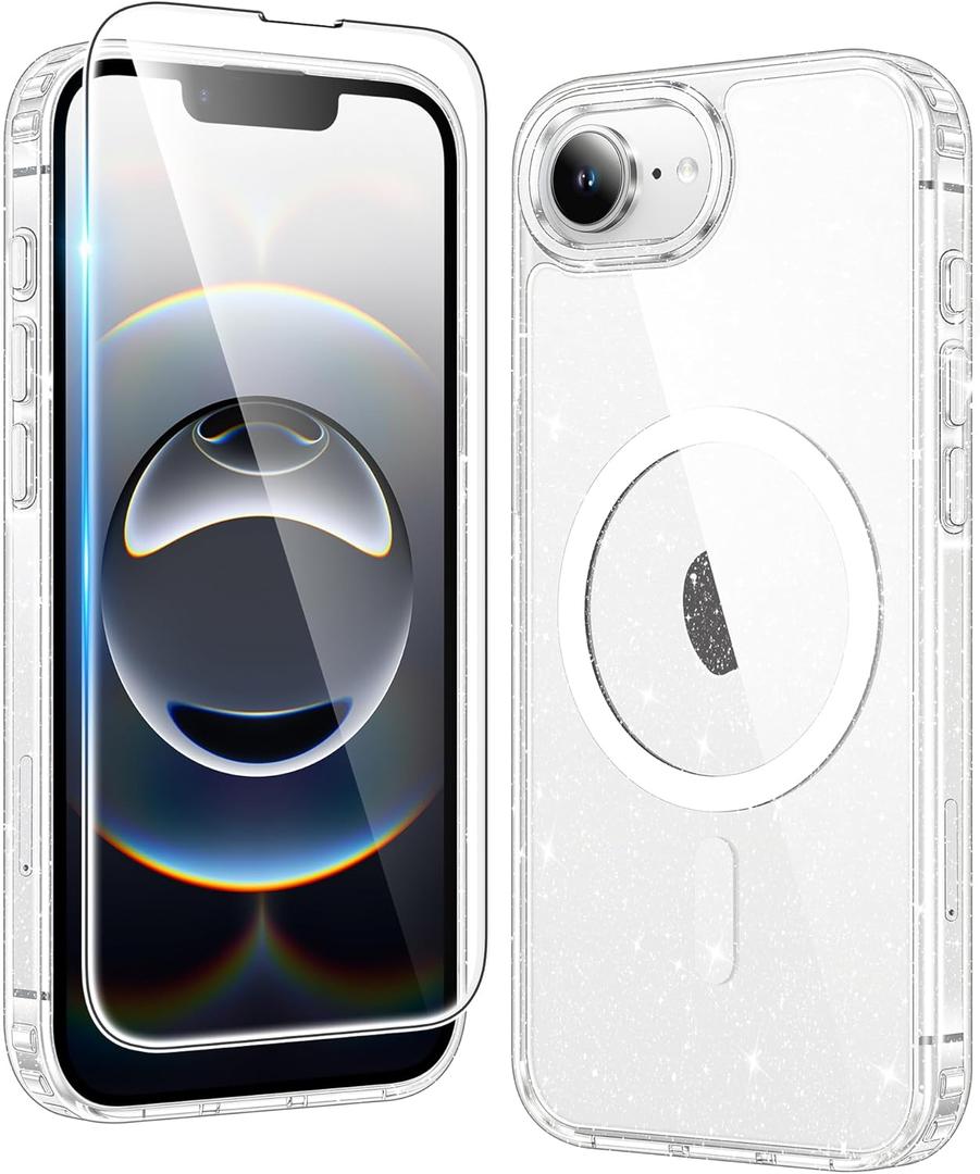 FNTCASE for iPhone 17e & iPhone 16e Case Clear: Magnetic Phone Cases Compatible with Magsafe Slim Anti Yellowing Military Grade Drop Protection Transparent Cell Cover (B-Glitter Magnetic)