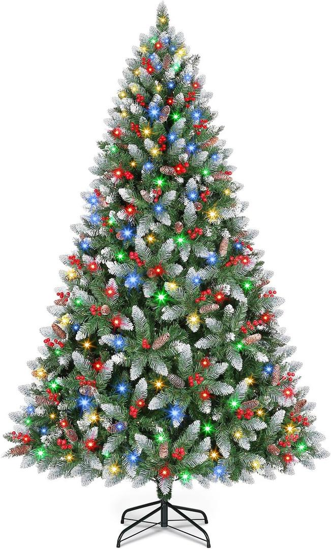 6.5 Ft Pre-Lit Artificial Christmas Tree with 400 Dual Color LED Lights & Timer - Snowy Spruce with 1100 Branch Tips & 60 Pine Cones & 60 Berries Indoor Outdoor Home Christmas Decorations