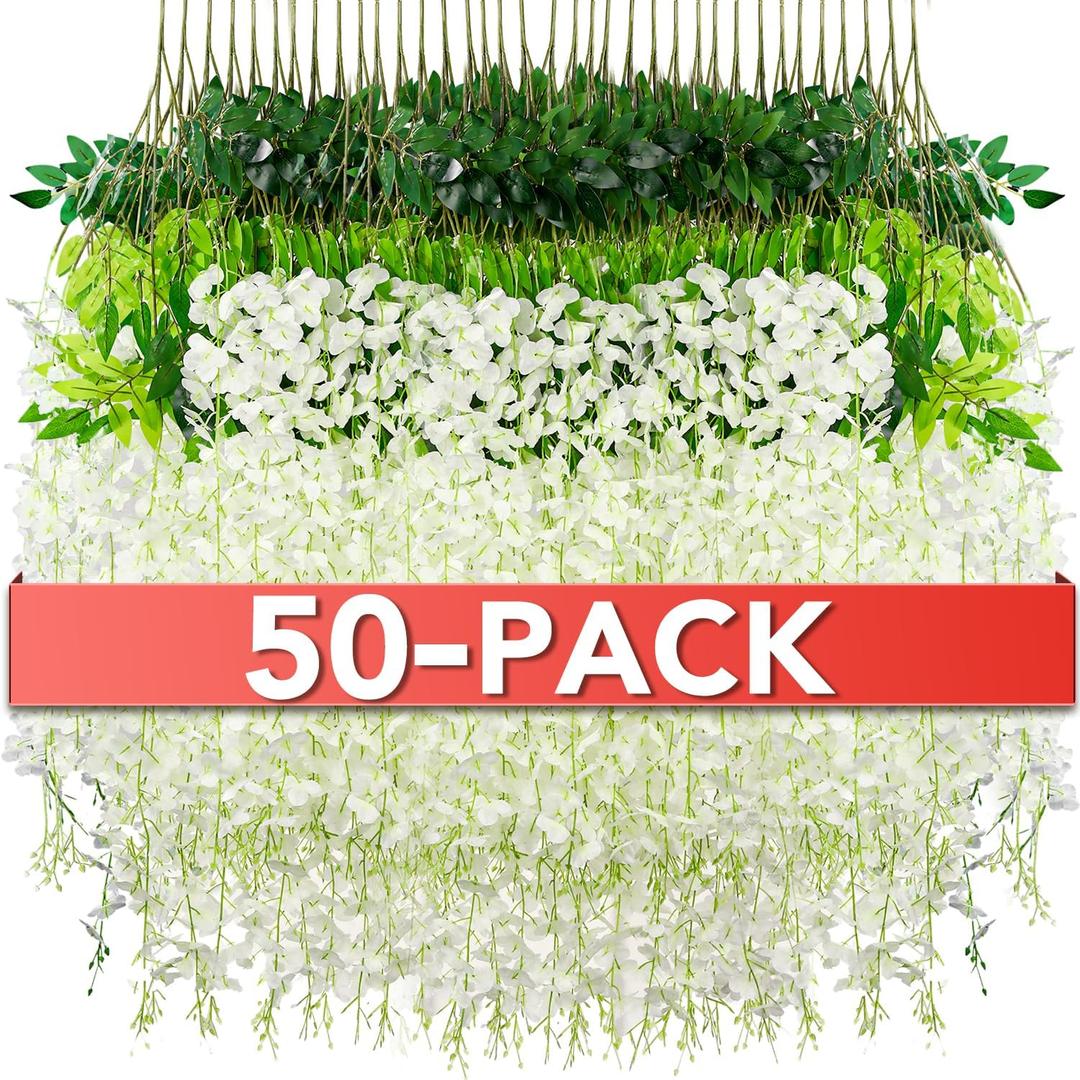 Wisteria Hanging Flowers,Fake Hanging Flowers, Wisteria artificiales Garland for Home Wedding Arch Floral Party Garden Ceremony Outdoor Decor,3.6 feet Long(50,White)