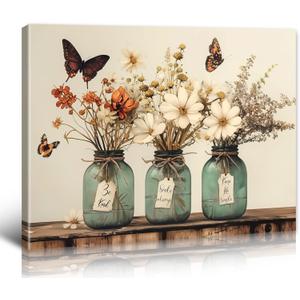 BLINFEIRU Bathroom Decor Flower Wall Art Rustic Floral Butterfly Vase Canvas Wall Art Prints Farmhouse Botanical Flowers Pictures Country Aesthetic Artwork for Bedroom Decor Framed 16"x12"