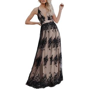 Dokotoo Womens Formal Dresses Deep V-Neck Embroidered Lace Mesh Evening Party Prom Dress Long Wedding Dress (Black, L)