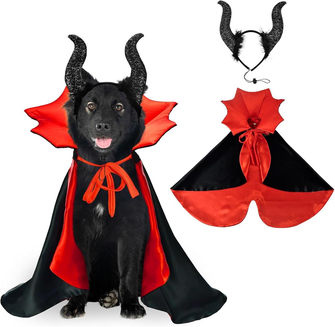 2 Pcs Dog Halloween Costume Set Cat Witch Vampire Cape Devil Horns Hat Holiday Clothes for Cat Puppy Halloween Party Pet Outfits L