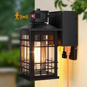 Motion Sensor Porch Light with GFCI Outlets, 11.4'' Dusk to Dawn Outdoor Wall Light Black, 3 Modes Front Door Exterior Light Fixture Waterproof Outside Light Wall Mount for House Garage