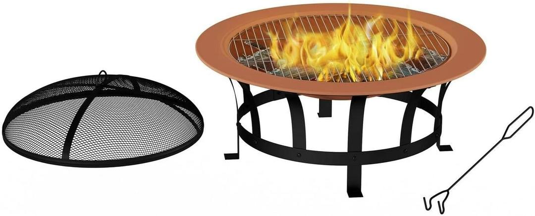 Fire Pits for Outside Wood Burning 30" Outdoor Fire Pit with Copper-Tone Steel Bowl, Mesh Cover, 22.5" Cooking Grate & Poker Heavy-Duty Patio or Backyard Fire Bowl Copper and Black