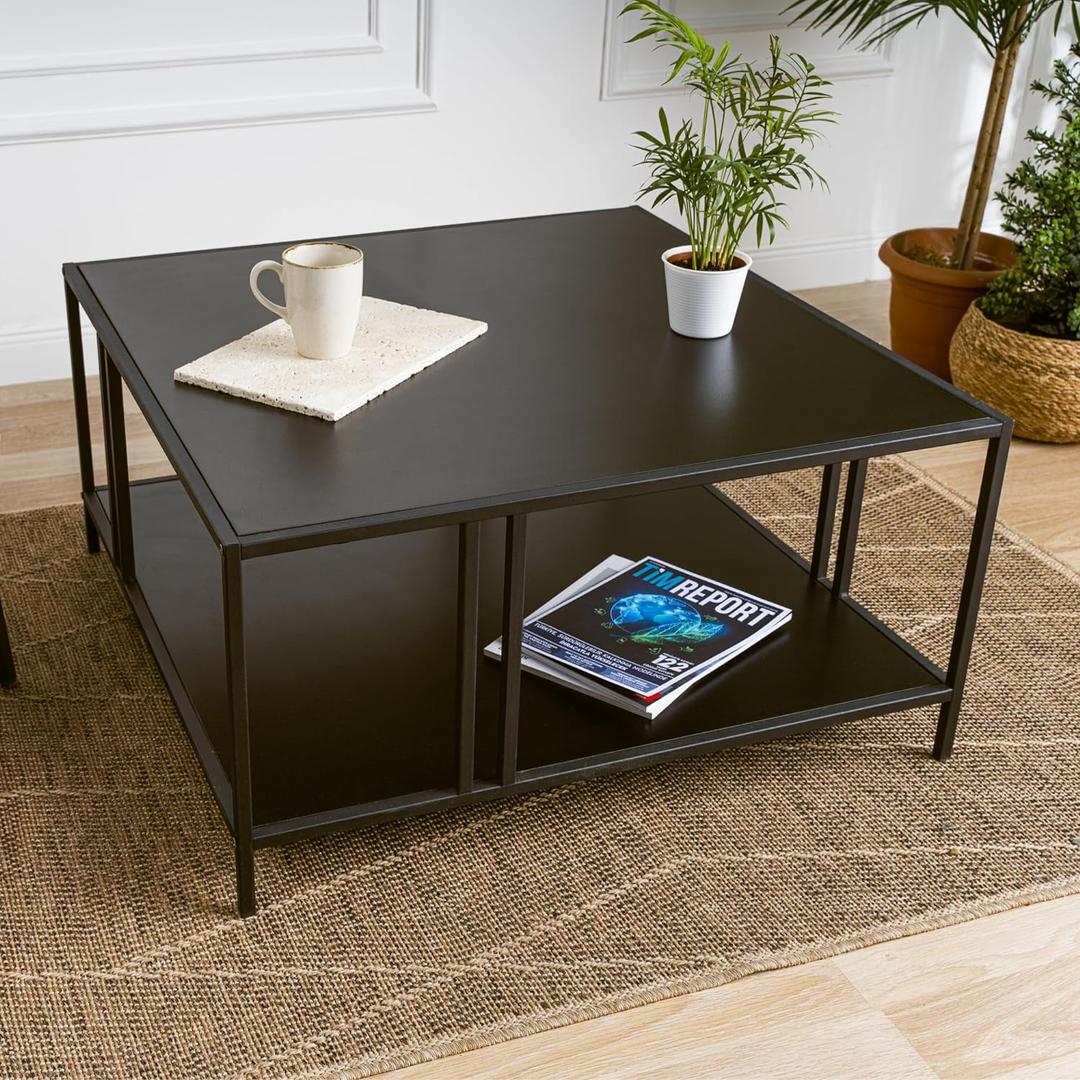 Uranus 2 Tiers Black Coffee Table - A Modern Living Room Furniture Piece for Home Office, Easy Assembly, 31.5 Square Center Table with Black Tabletop and Storage Shelf