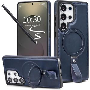for Samsung Galaxy S25 Ultra Case Leather with Stand, Anti-Slip Grip Ring, Fits for MagSafe (Navy, S25 Ultra)